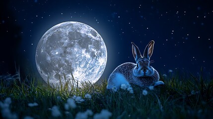 Wall Mural - realistic floating moon softly illuminated with a rabbit resting peacefully on top