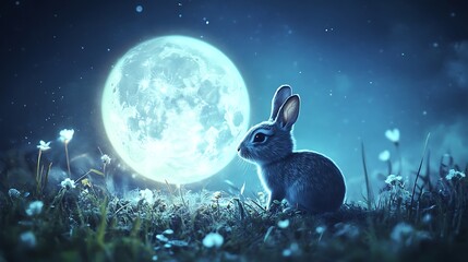 Wall Mural - cute rabbit exploring the glowing surface of a realistic floating moon in a calm night setting