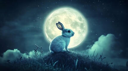 Wall Mural - cute rabbit exploring the glowing surface of a realistic floating moon in a calm night setting