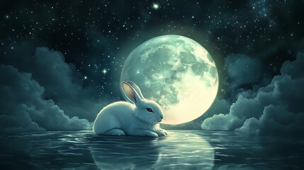 Wall Mural - adorable moon rabbit resting on a luminous floating moon surrounded by celestial wonders