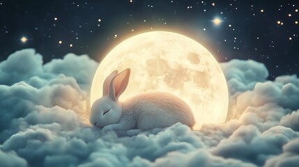Wall Mural - adorable moon rabbit resting on a luminous floating moon surrounded by celestial wonders