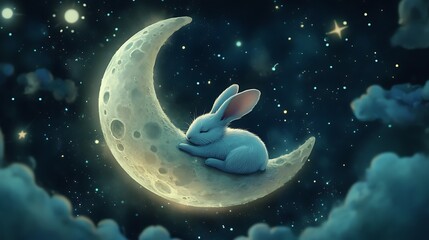 Wall Mural - adorable moon rabbit resting on a luminous floating moon surrounded by celestial wonders