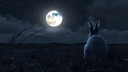 Wall Mural - realistic glowing moon with a rabbit enjoying the calmness of a tranquil night sky