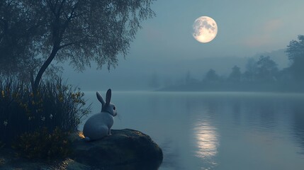 Wall Mural - cute rabbit enjoying the soft glow of a realistic moon floating above a serene landscape
