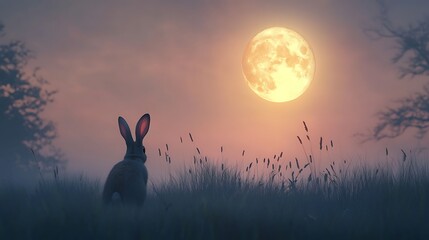 Wall Mural - cute rabbit enjoying the soft glow of a realistic moon floating above a serene landscape
