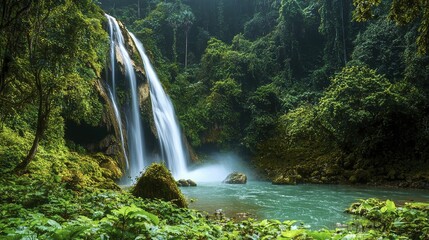 Poster - Majestic cascading waterfall in lush green jungle surrounded by vibrant flora and fauna, creating a serene natural oasis.