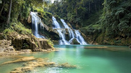 Poster - Majestic Waterfall Cascading Through Lush Jungle Canopy, Serene Nature Landscape Scene.