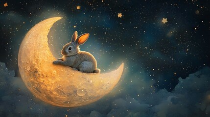 Wall Mural - whimsical rabbit lounging on a softly glowing floating moon in a starlit celestial scene