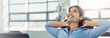 © peopleimages.com - Happy, rest and business woman in office thinking, daydreaming and relax on break at desk. Banner, corporate worker and person with satisfaction done for project, working and finish in workplace