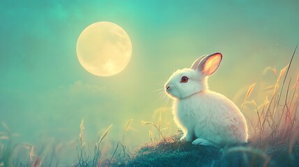 Wall Mural - moon rabbit basking in the soft light of a glowing floating moon against a tranquil sky