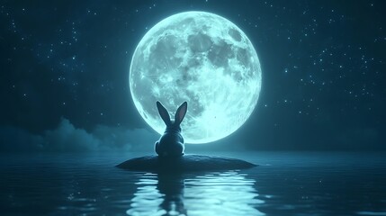 Wall Mural - realistic glowing moon floating serenely with an adorable rabbit sitting on its edge
