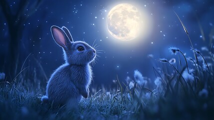 Wall Mural - cute rabbit looking skyward from a luminous floating moon in a magical twilight setting