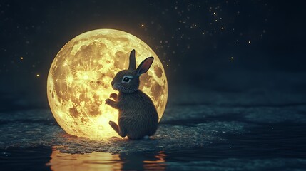 Wall Mural - adorable rabbit hopping across the surface of a glowing realistic floating moon