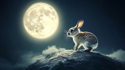 Wall Mural - adorable rabbit hopping across the surface of a glowing realistic floating moon