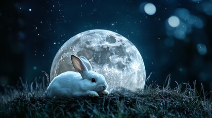 Wall Mural - realistic luminous moon floating gently with a charming rabbit lying peacefully on top