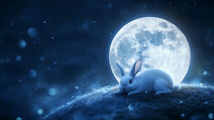 Wall Mural - realistic luminous moon floating gently with a charming rabbit lying peacefully on top