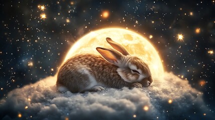 Wall Mural - cute rabbit resting on a glowing floating moon amidst a galaxy of sparkling stars