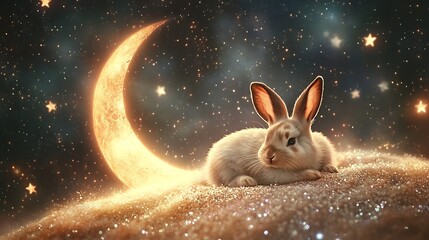 Wall Mural - cute rabbit resting on a glowing floating moon amidst a galaxy of sparkling stars