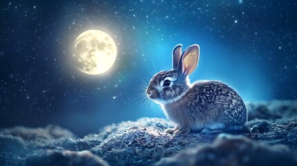 Wall Mural - cute rabbit enjoying the soft glow of a realistic floating moon amidst a celestial backdrop