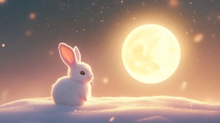 Wall Mural - cute rabbit enjoying the soft glow of a realistic floating moon amidst a celestial backdrop