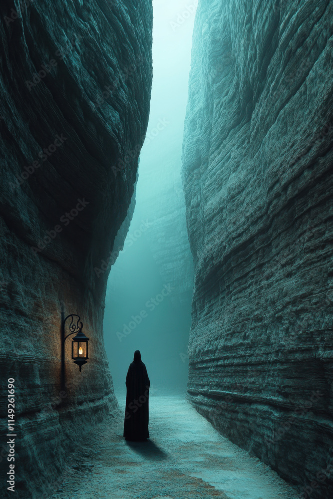 Tarot card and Gypsy card, A cloaked figure stands in a misty canyon ...