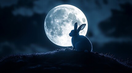 Wall Mural - floating realistic moon shining brightly with a rabbit enjoying the calm of the night