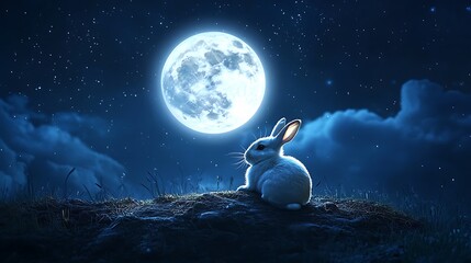 Wall Mural - floating realistic moon shining brightly with a rabbit enjoying the calm of the night