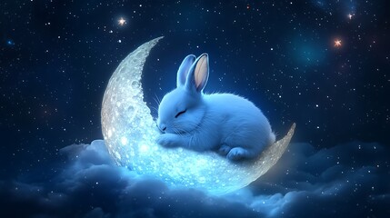 Wall Mural - cute moon rabbit resting on a luminous floating moon surrounded by twinkling stars