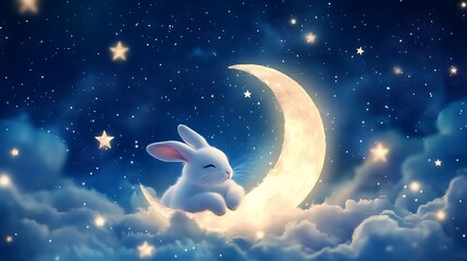 Wall Mural - cute moon rabbit resting on a luminous floating moon surrounded by twinkling stars