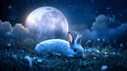 Wall Mural - realistic glowing moon floating in the night sky with an adorable rabbit resting peacefully