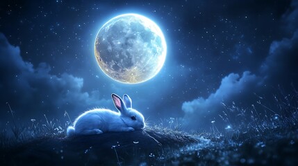 Wall Mural - realistic glowing moon floating in the night sky with an adorable rabbit resting peacefully