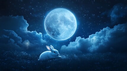 Wall Mural - realistic glowing moon floating in the night sky with an adorable rabbit resting peacefully