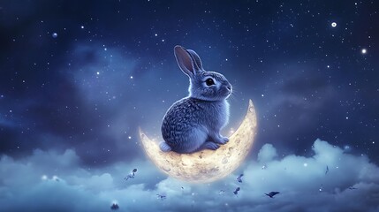Wall Mural - cute rabbit perched atop a softly glowing floating moon in a tranquil starry scene