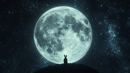 Wall Mural - floating moon glowing warmly with a rabbit enjoying the serenity of a celestial backdrop