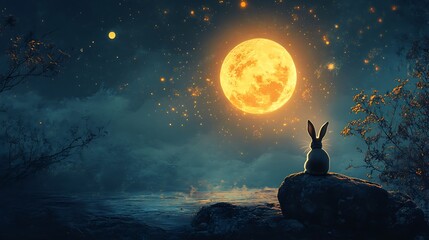 Wall Mural - floating moon glowing warmly with a rabbit enjoying the serenity of a celestial backdrop