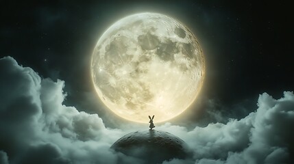 Wall Mural - realistic floating moon with a playful rabbit hopping across its glowing surface