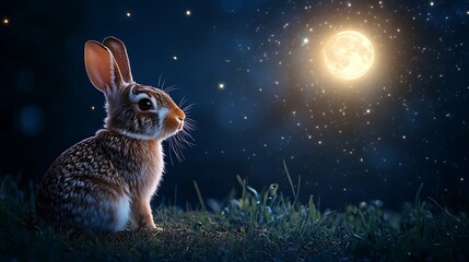 Wall Mural - adorable rabbit enjoying the soft light of a glowing floating moon amidst the stars