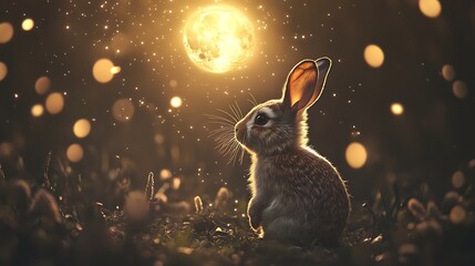Wall Mural - adorable rabbit enjoying the soft light of a glowing floating moon amidst the stars