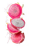 Floating exotic dragon fruit halves with vibrant pink rind and glossy white flesh. Premium detailed look on transparent PNG background