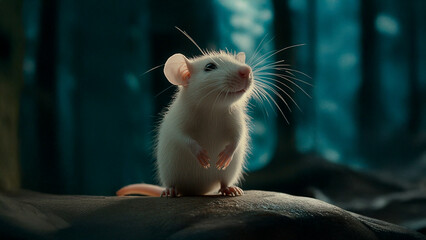 Wall Mural - White mouse is standing on rock in a dark forest. White mouse forest stone close up blurred background. Close up of a mouse close up of a blurred background. The photo is of a white mouse lifestyle.