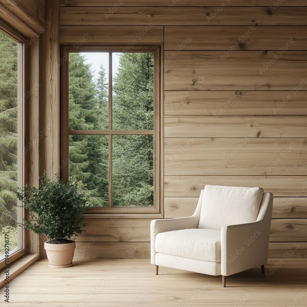 Cozy log cabin interior with large window forest view. Simple white ...