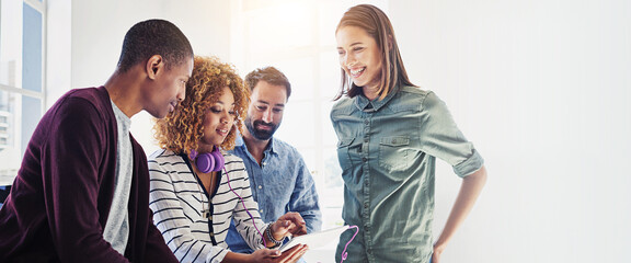 Aufkleber - Banner, startup and business people in meeting on tablet for teamwork, collaboration and discussion. Professional, creative office and man and woman on tech for feedback, web research and project