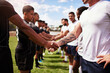 © peopleimages.com - Rugby, team and handshake for welcome, introduction or sportsmanship on grass field outdoors. Sports, men shaking hands and greeting for game rival, competition or training with workout and exercise