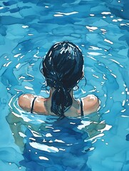 Wall Mural - Abstract Watercolor Painting of a Woman Submerged in Teal Water.