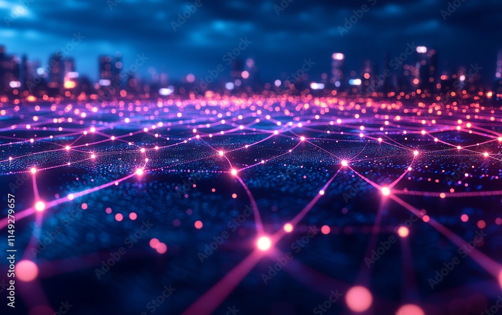 Dynamic data streams in a digital world at night, glowing neon colors ...