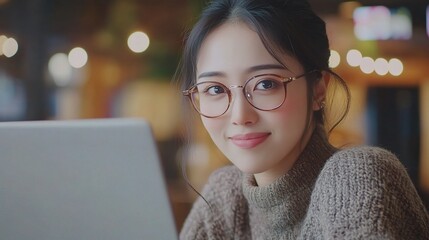 Wall Mural - Cheerful Asian Woman Wearing Eyeglasses in Casual Clothing