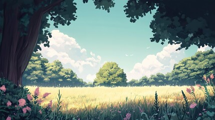 Poster - Summer Landscape: Golden Field, Lush Trees, Blue Sky