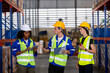 © eakgrungenerd - Warehouse worker chatting walk around and inspect working logistics. factory industry supervisor manufacture. warehouse person employee talking plan inspect in storehouse.