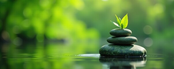 Wall Mural - Stacked pebbles and a single bamboo leaf floating on the surface of a still pond, natural scenery, bamboo leaf, exterior