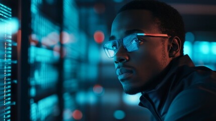 Wall Mural - A focused individual wearing glasses looks intently at a futuristic data interface, illuminated by blue and red lights in a tech environment. Sport technology concept.